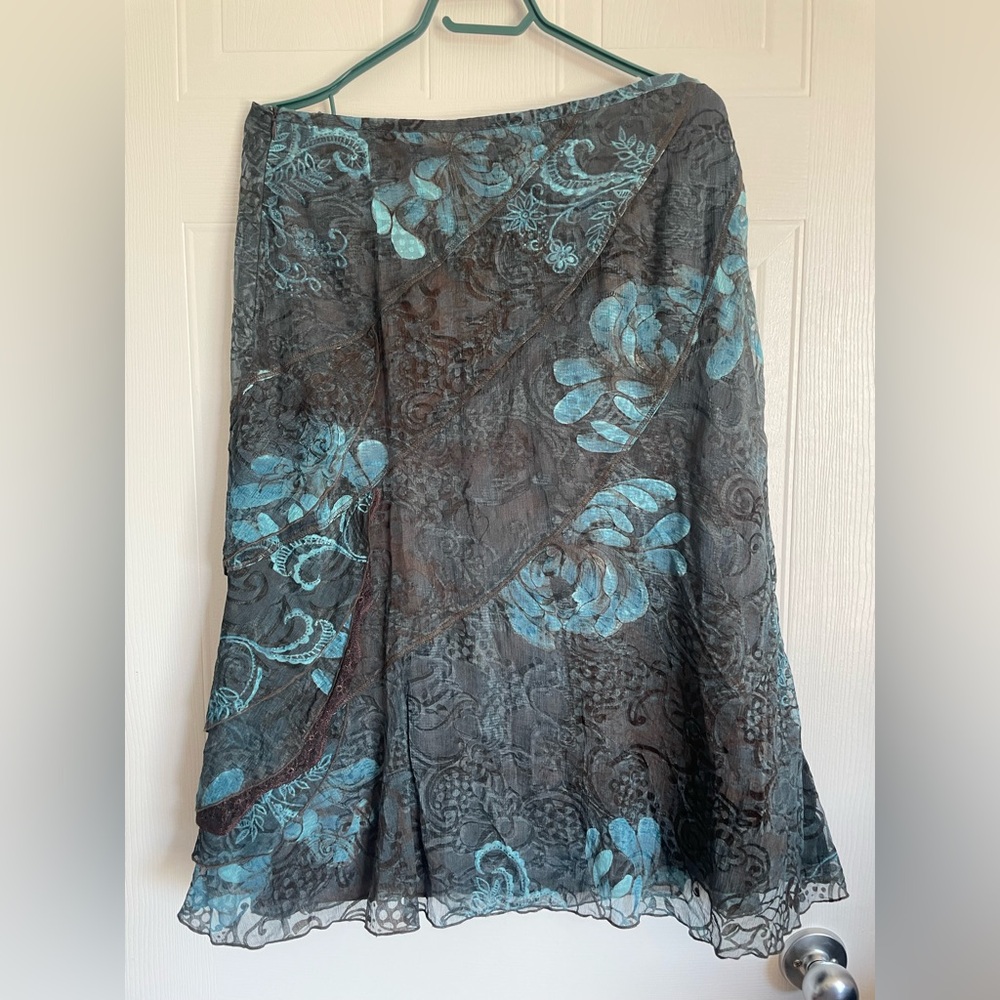 Floral Chiffon Ruffle Skirt Brown Teal S8 - Picture 8 of 15